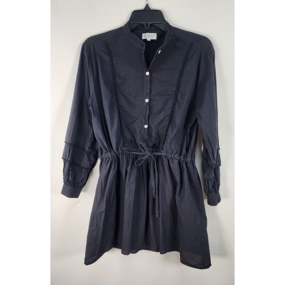 Emerson Fry India Dress Women's XS Peasant Boho Black Tie Waist Oyster Buttons